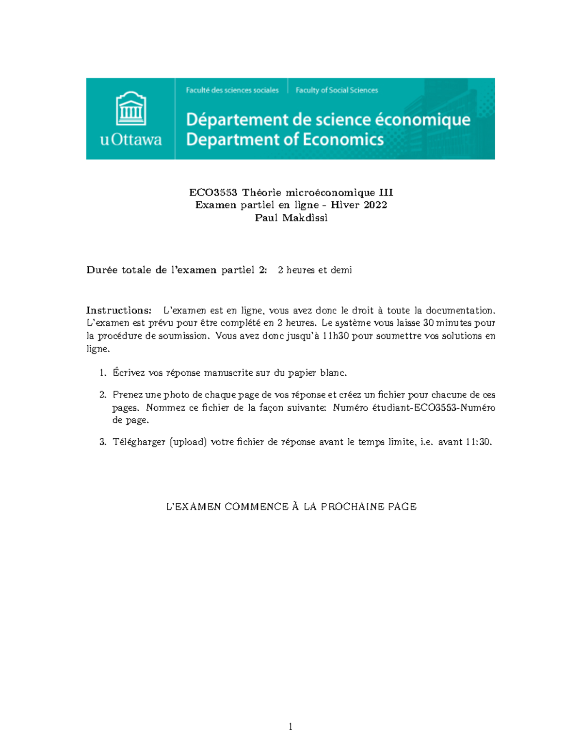 ECO3553-Partiel-H22(Solutionnaire) - 1 ECO 3153 B Microeconomic Theory ...