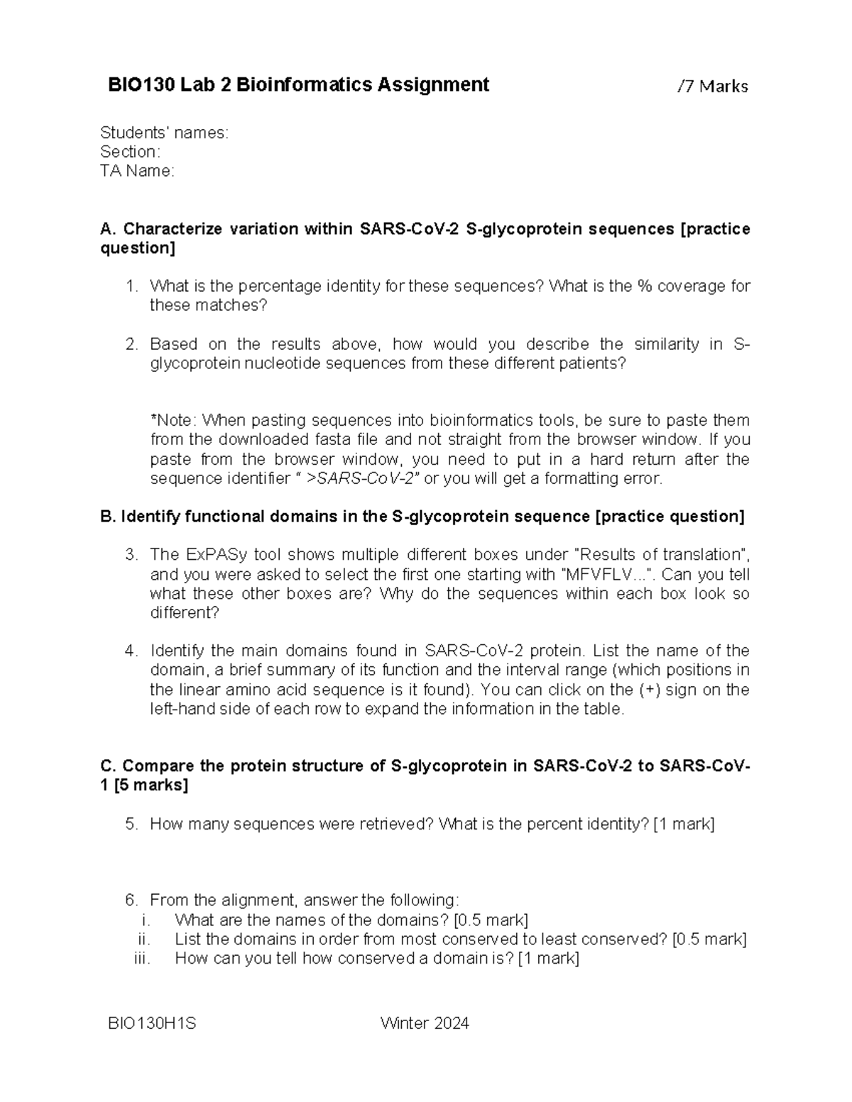 Lab 2 Bioinformatics Assignment 2024 - BIO130 Lab 2 Bioinformatics ...