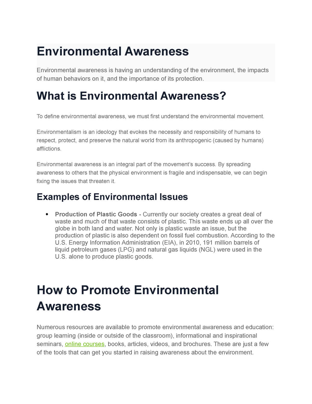 Environmental awareness final article - Environmental Awareness ...