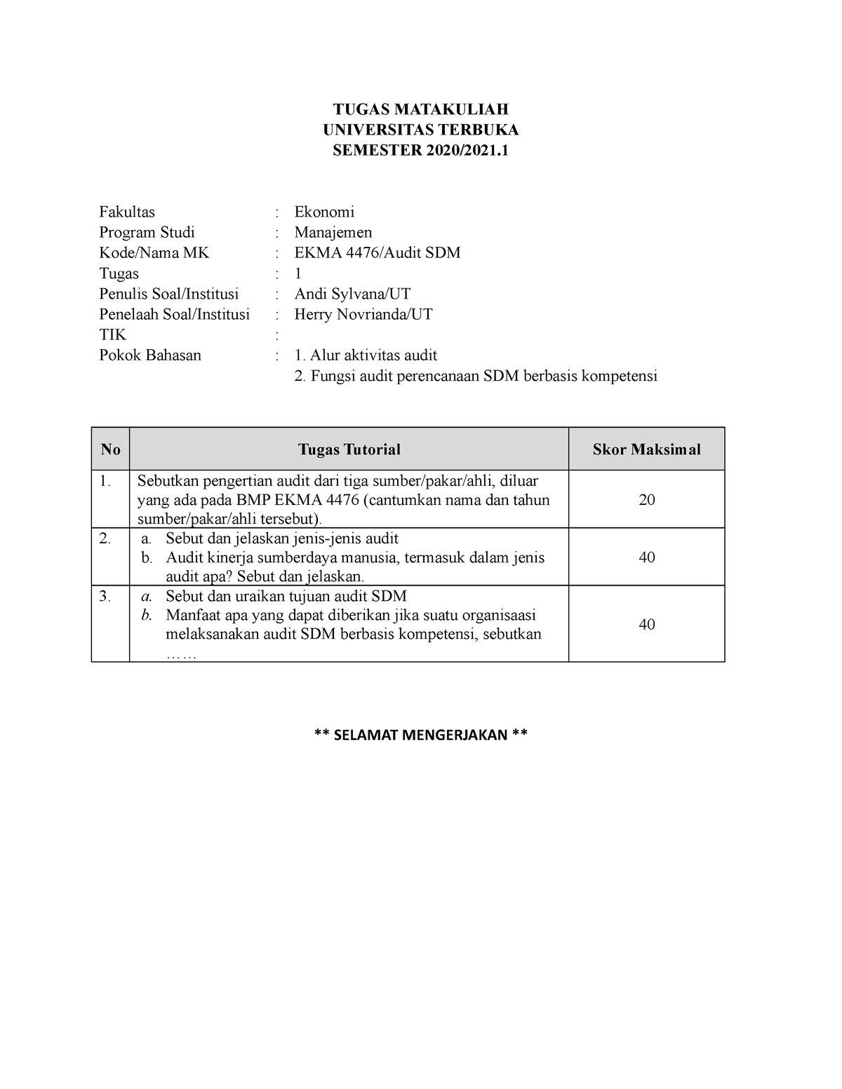 Tugas Tutorial 1 Ekma4476 Ahad Universitas Terbuka Upbjj Semarang 