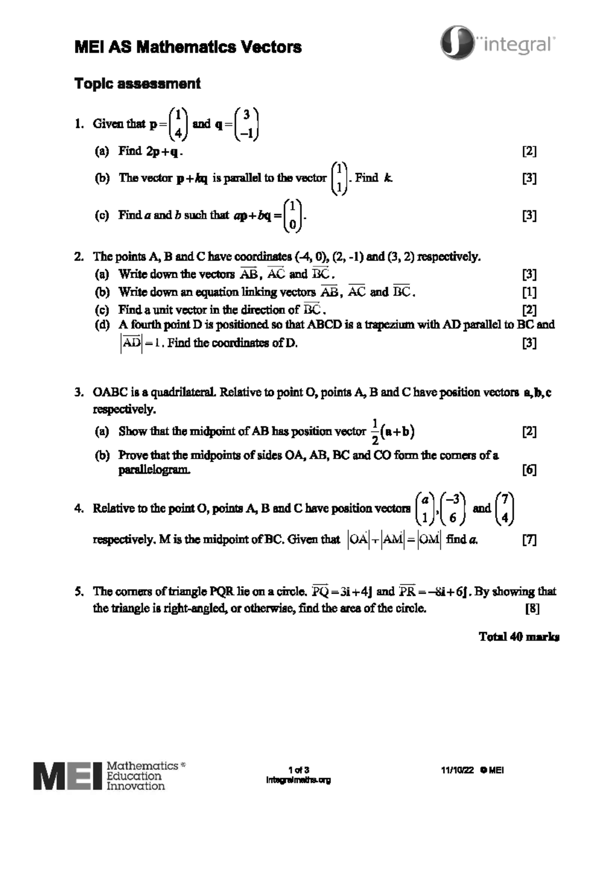 Vectors Assignment Integral - Studocu