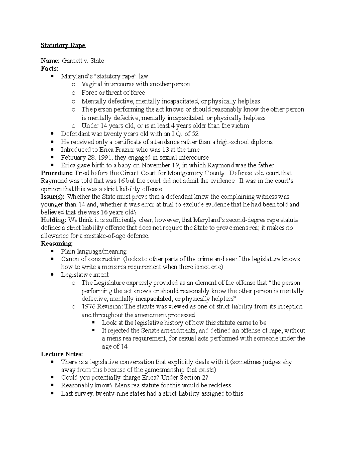Statutory Rape Lecture notes Notes on crimes Statutory Rape Name