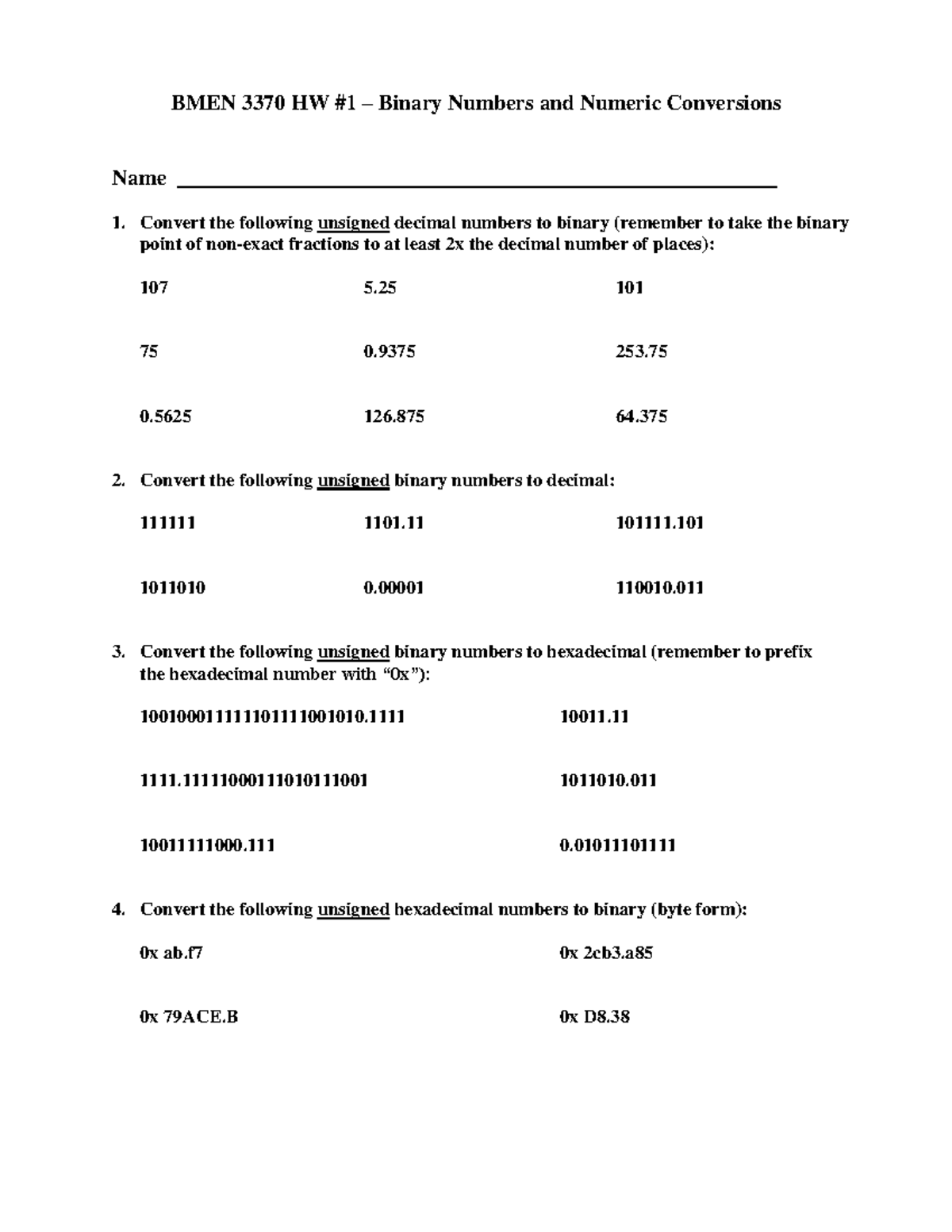 Homework 1 (3370) - BMEN 3370 HW #1 – Binary Numbers and Numeric ...