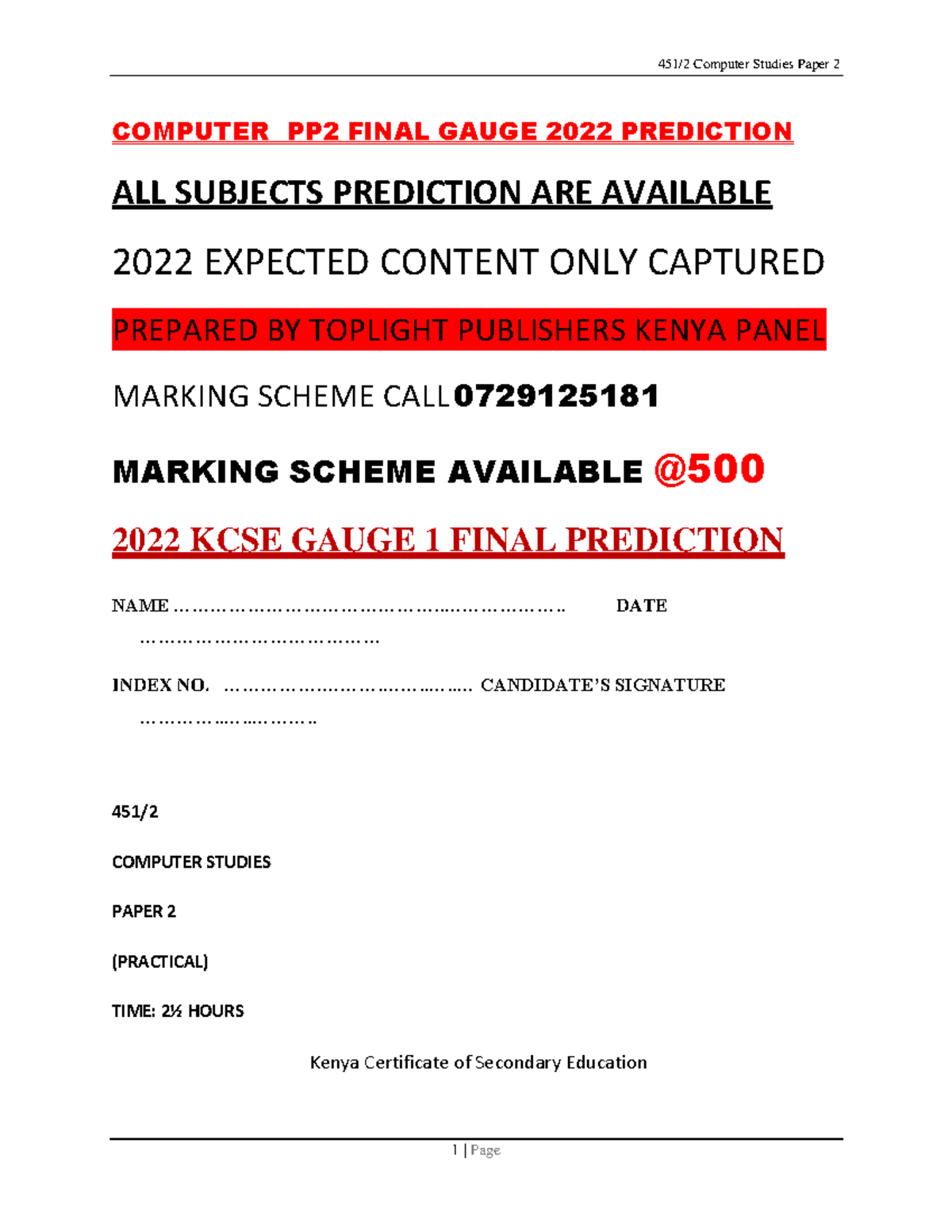Computer PP2 Final Gauge 2022 Prediction - 451/2 Computer Studies Paper ...