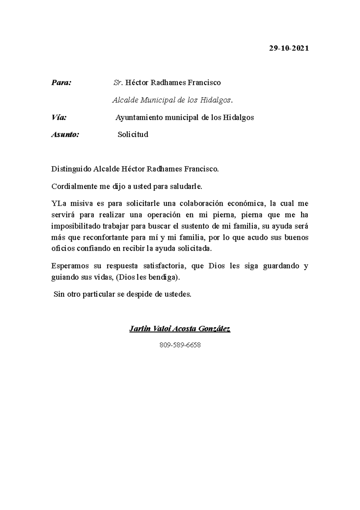 Carta De Solicitar Ayuda