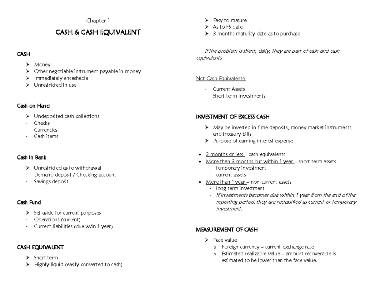 IA1 Hope it help. Chapter 1 CASH & CASH EQUIVALENT CASH Money Other