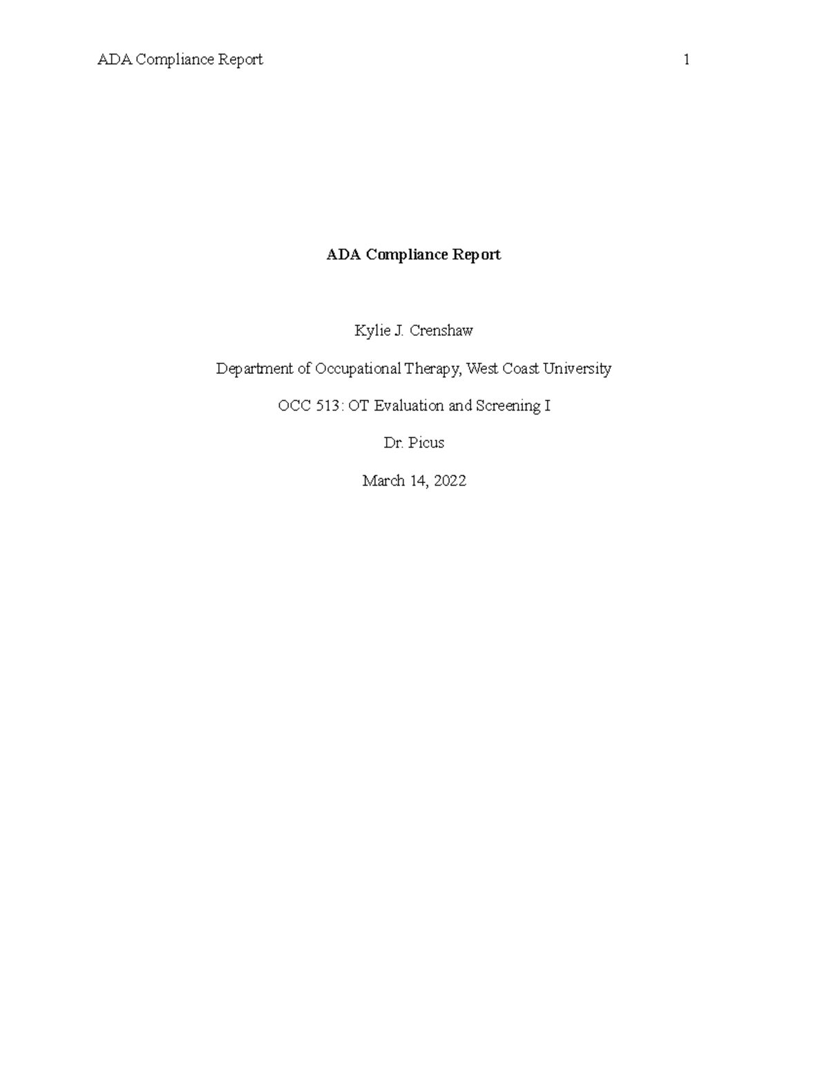 OCC 513: ADA Compliance Report - ADA Compliance Report 1 ADA Compliance ...