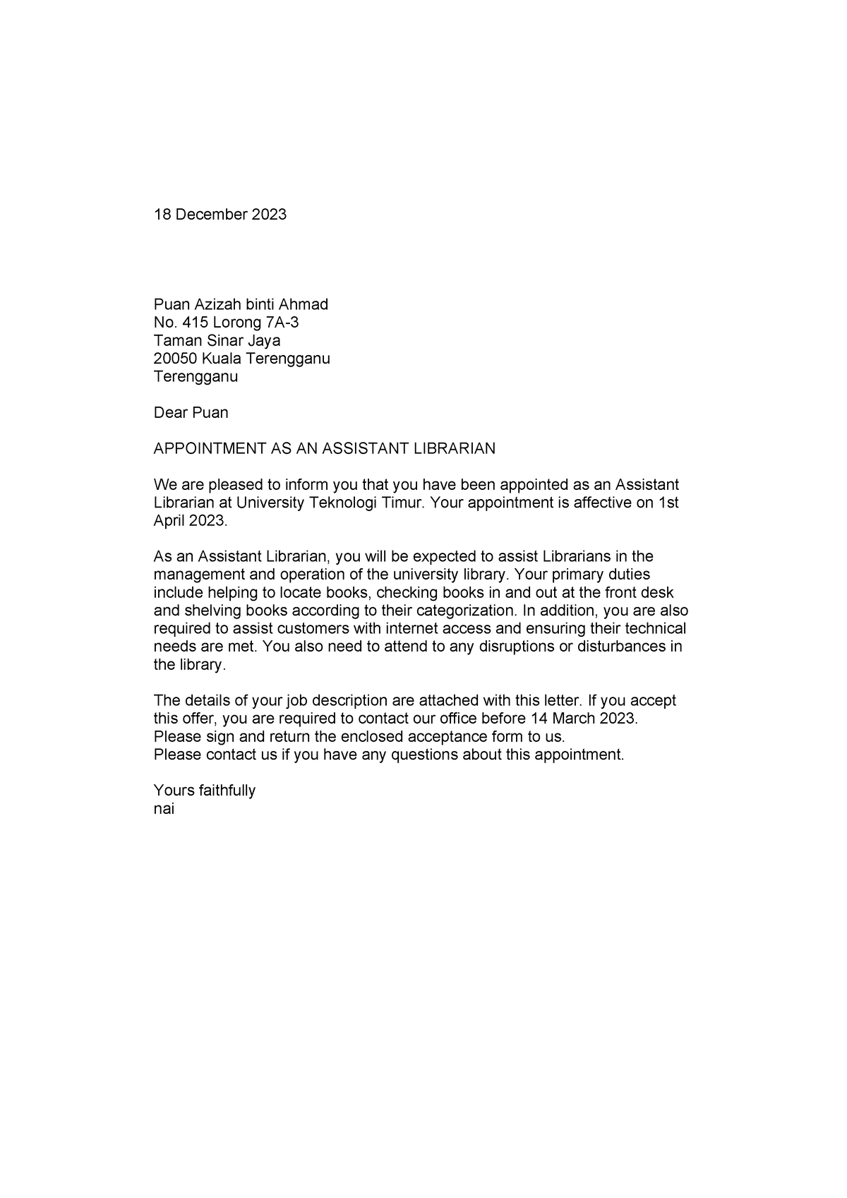 Business Letter 02 - 18 December 2023 Puan Azizah binti Ahmad No. 415 ...