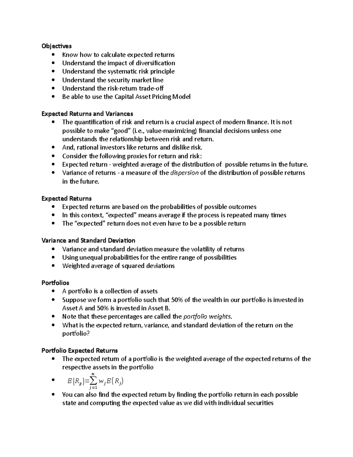 Risk and Return copy - Lecture notes 2 - Objectives Know how to ...