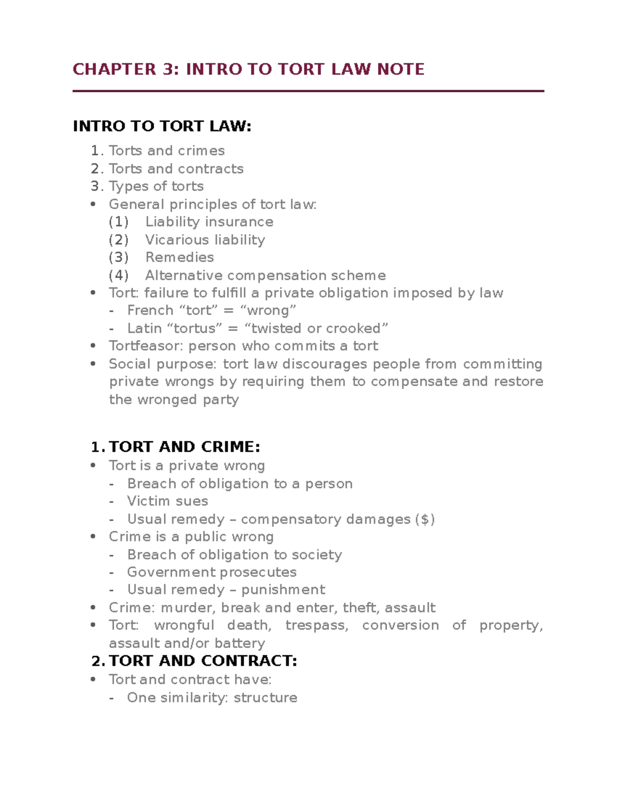 Chapter 3 - Intro to Tort Law Note textbook - CHAPTER 3: INTRO TO TORT ...