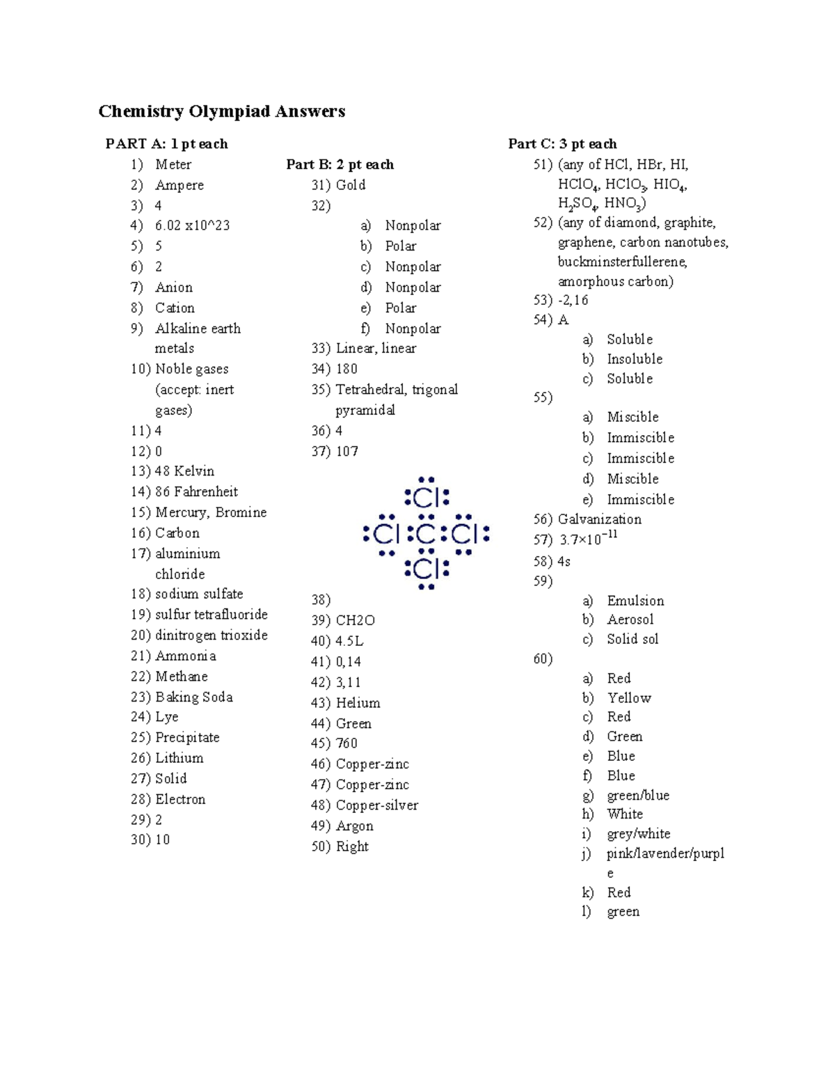 SCIENCE BOWL PRACTICE QUESTIONS Chemistry Olympiad Answers PART A 1