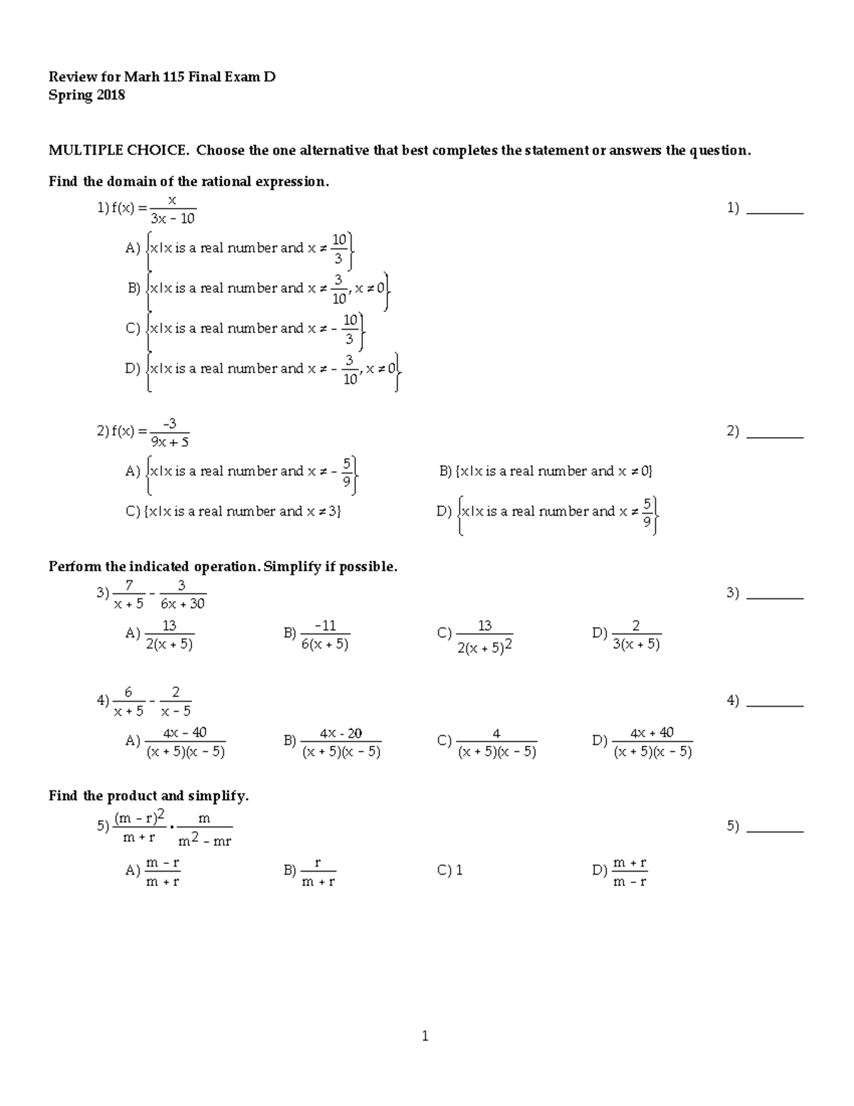 Math 115 Final Exam Review D Fa18 - **Review for Marh 115 Final Exam D ...