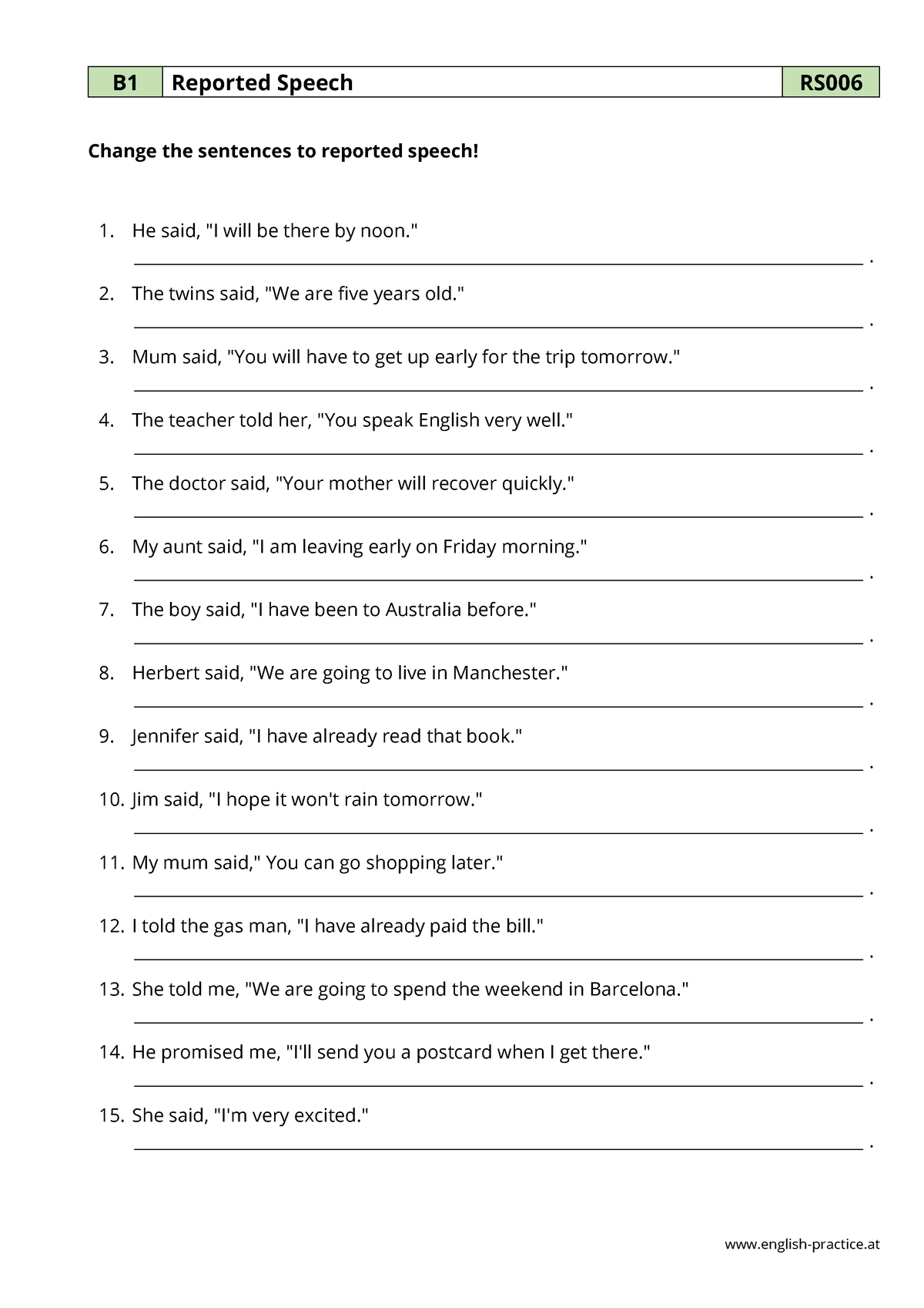 reported speech b1 exercises pdf