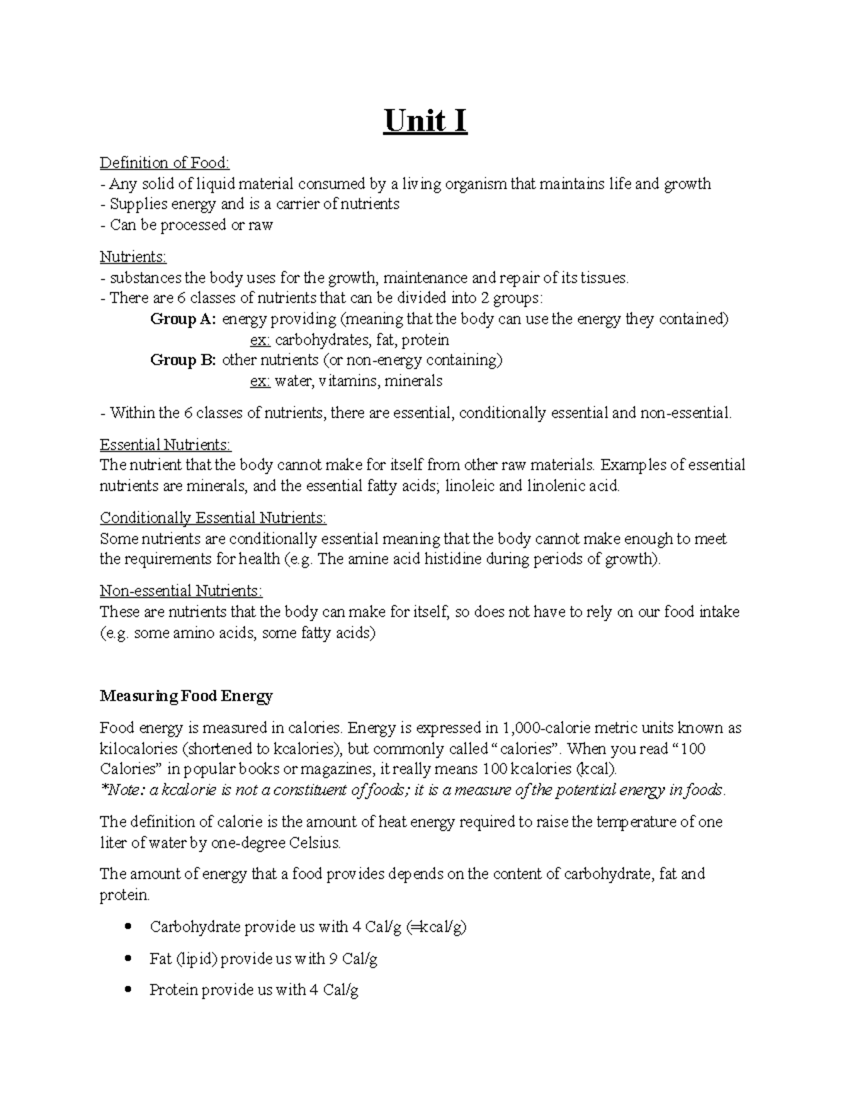 Food Notes Unit 1 2018 - From Online course - Unit I Definition of Food ...