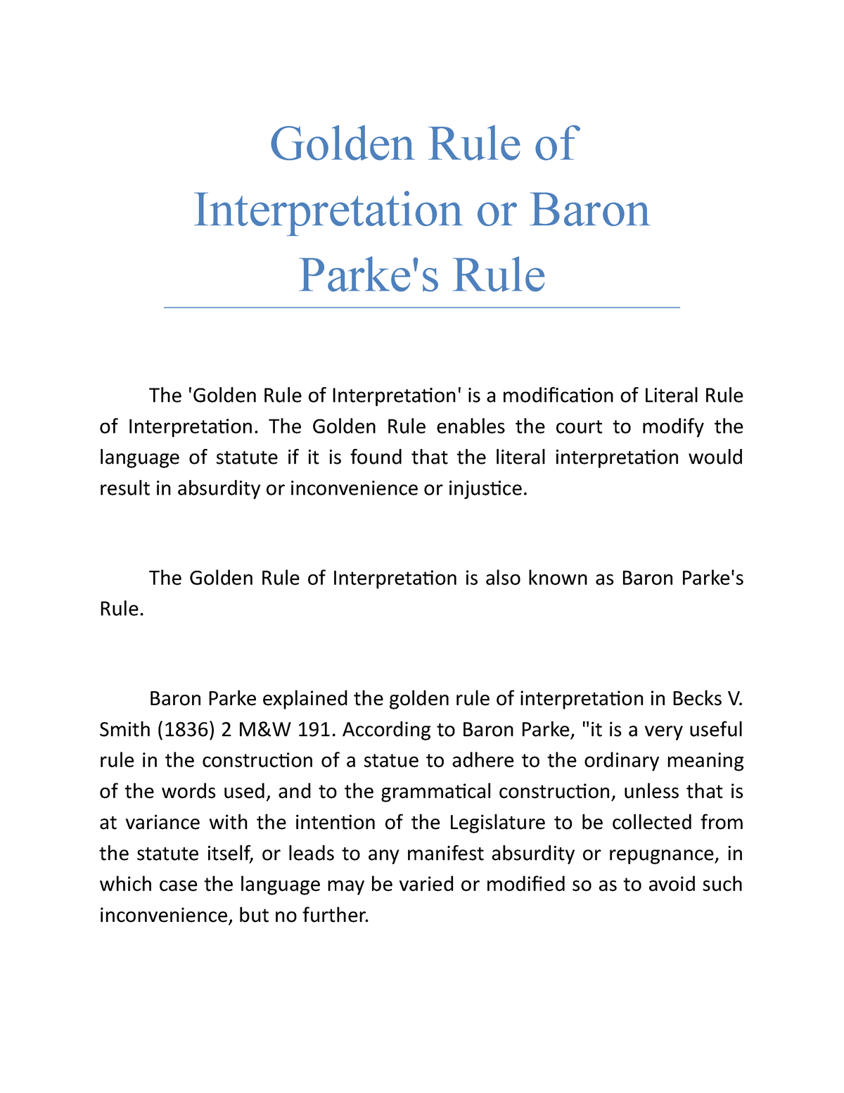 research paper on golden rule of interpretation of statutes