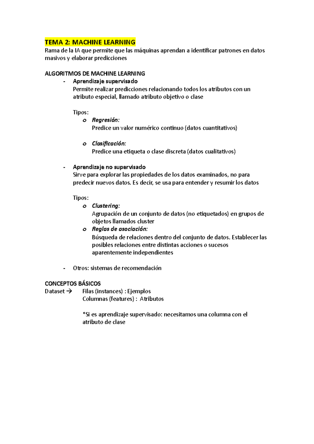 IA EB Teoria - Apuntes teoría - TEMA 2: MACHINE LEARNING Rama de la IA ...