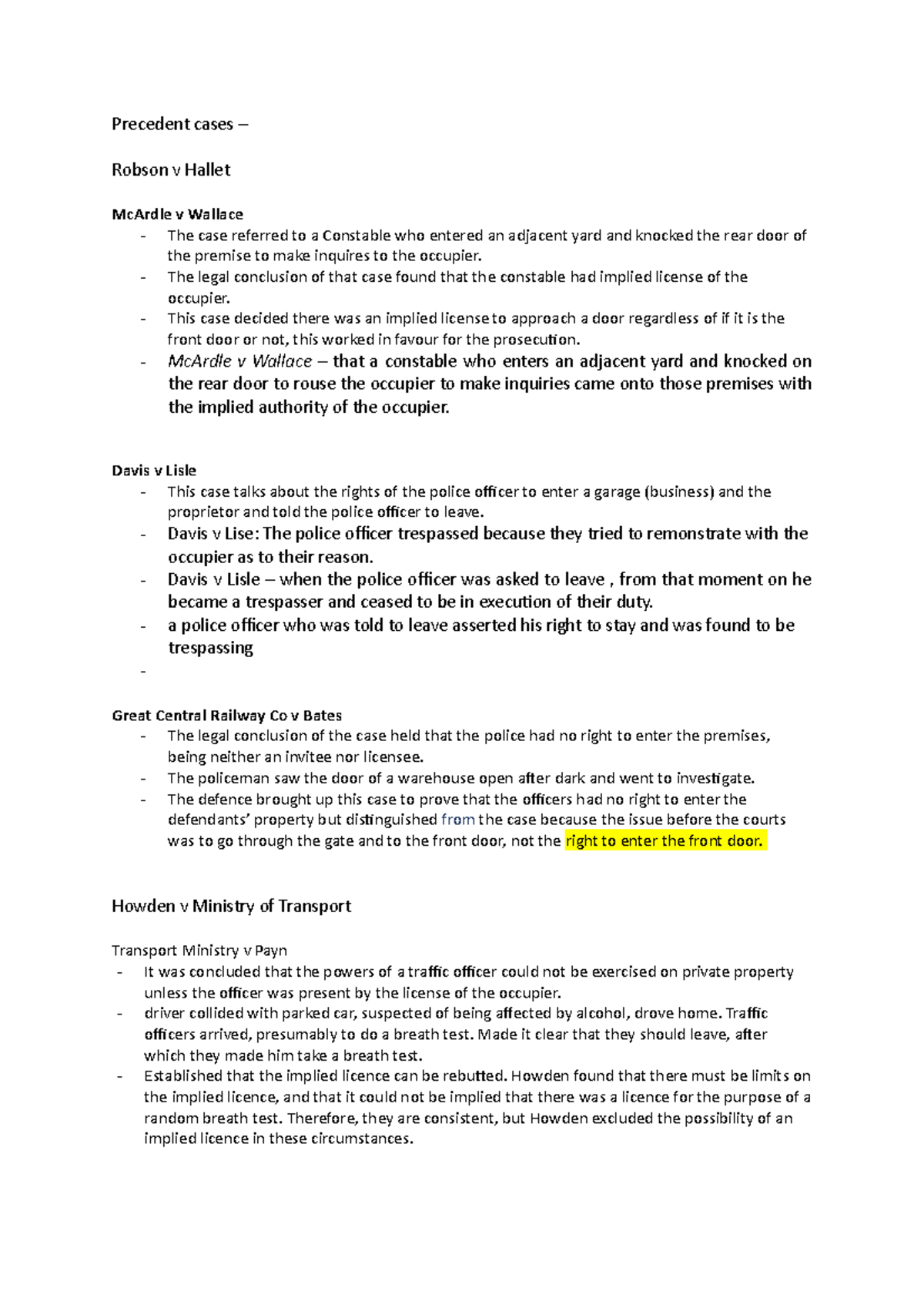 Precedent cases 122 - Precedent cases – Robson v Hallet McArdle v ...