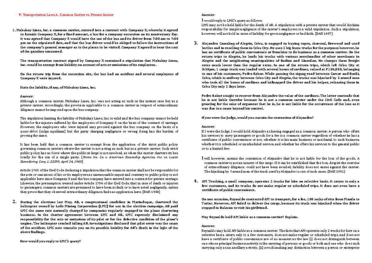 Transportation Law V. Transportation Laws A. Common Carrier vs. Private Carrier Mabuhay Lines