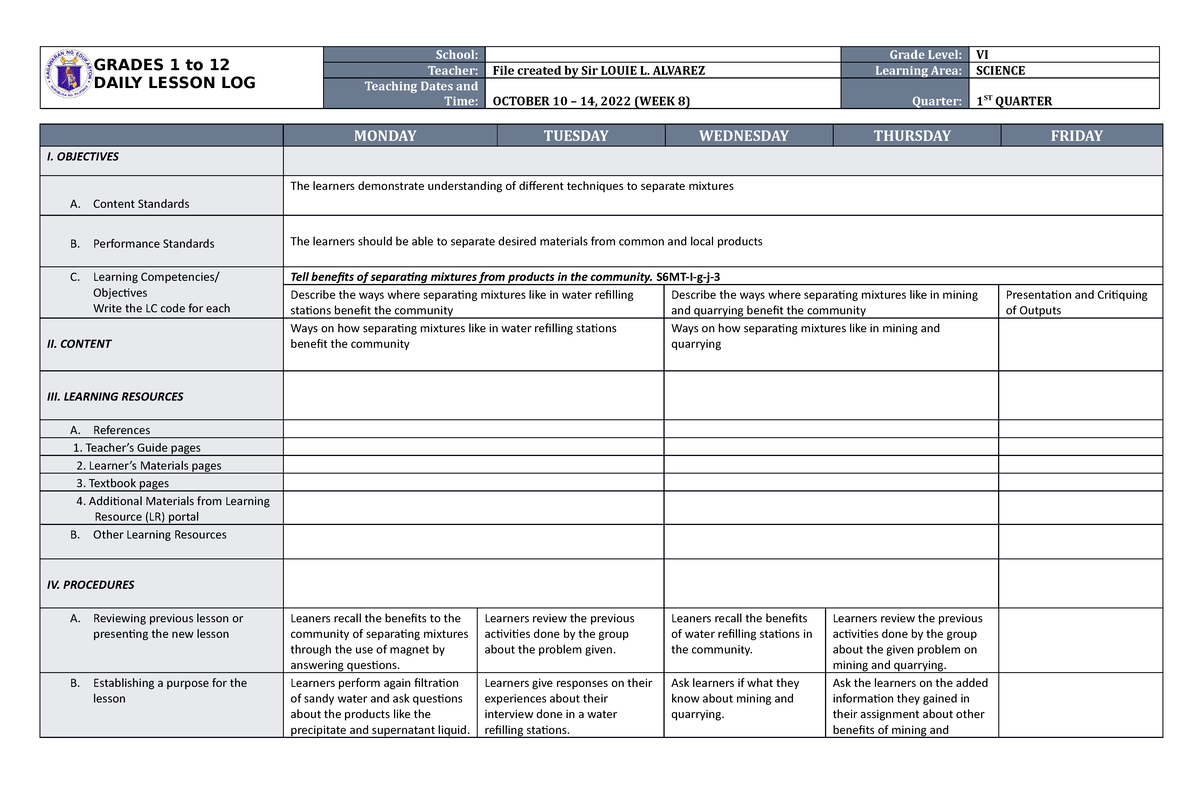 DLL Science 6 Q1 W8 - lesson - GRADES 1 to 12 DAILY LESSON LOG School ...