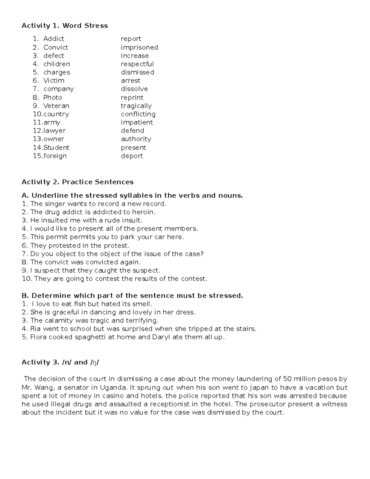 Activity word stress - Basic English practice - Activity 1. Word Stress ...