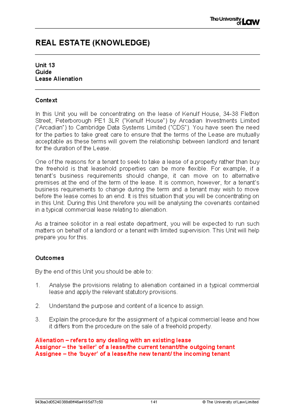 Guide 13 13 REAL ESTATE (KNOWLEDGE) Unit 13 Guide Lease