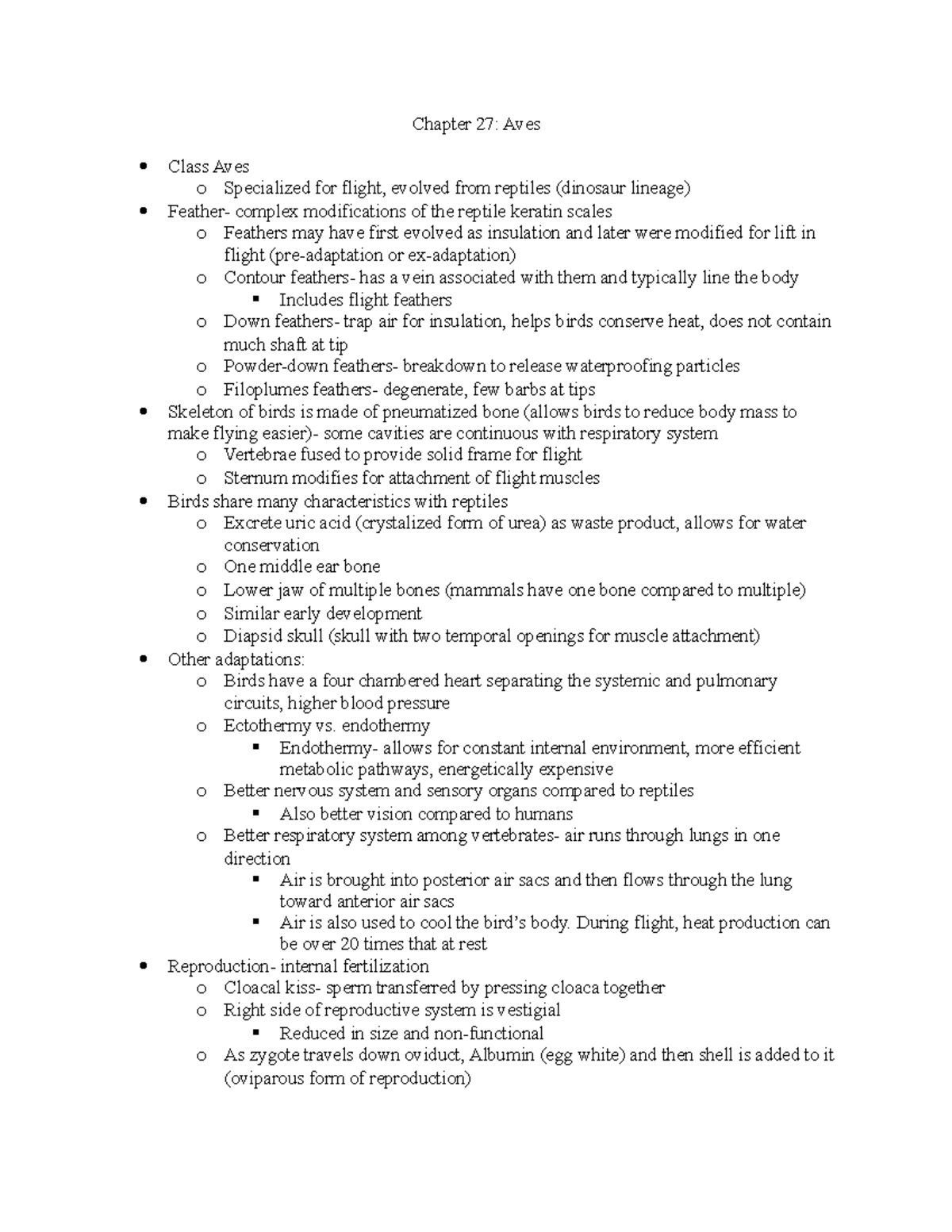 Chapter 27- Aves - lecture notes - Chapter 27: Aves Class Aves o ...