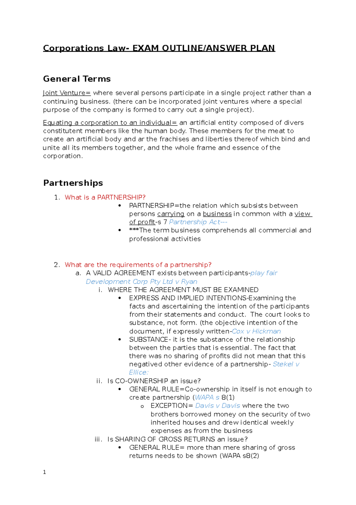 Corporations Law- EXAM Outline: Answer PLAN - Corporations Law- EXAM ...