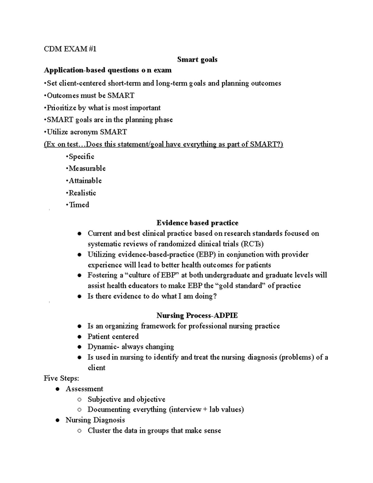 CDM EXAM 1 notes for exams CDM EXAM Smart goals Applicationbased