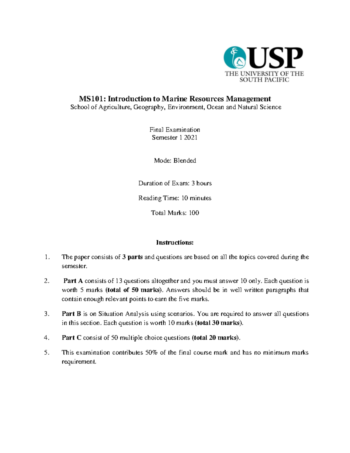 MS101 Final Exam 2021 - For Revision - MS101: Introduction to Marine ...