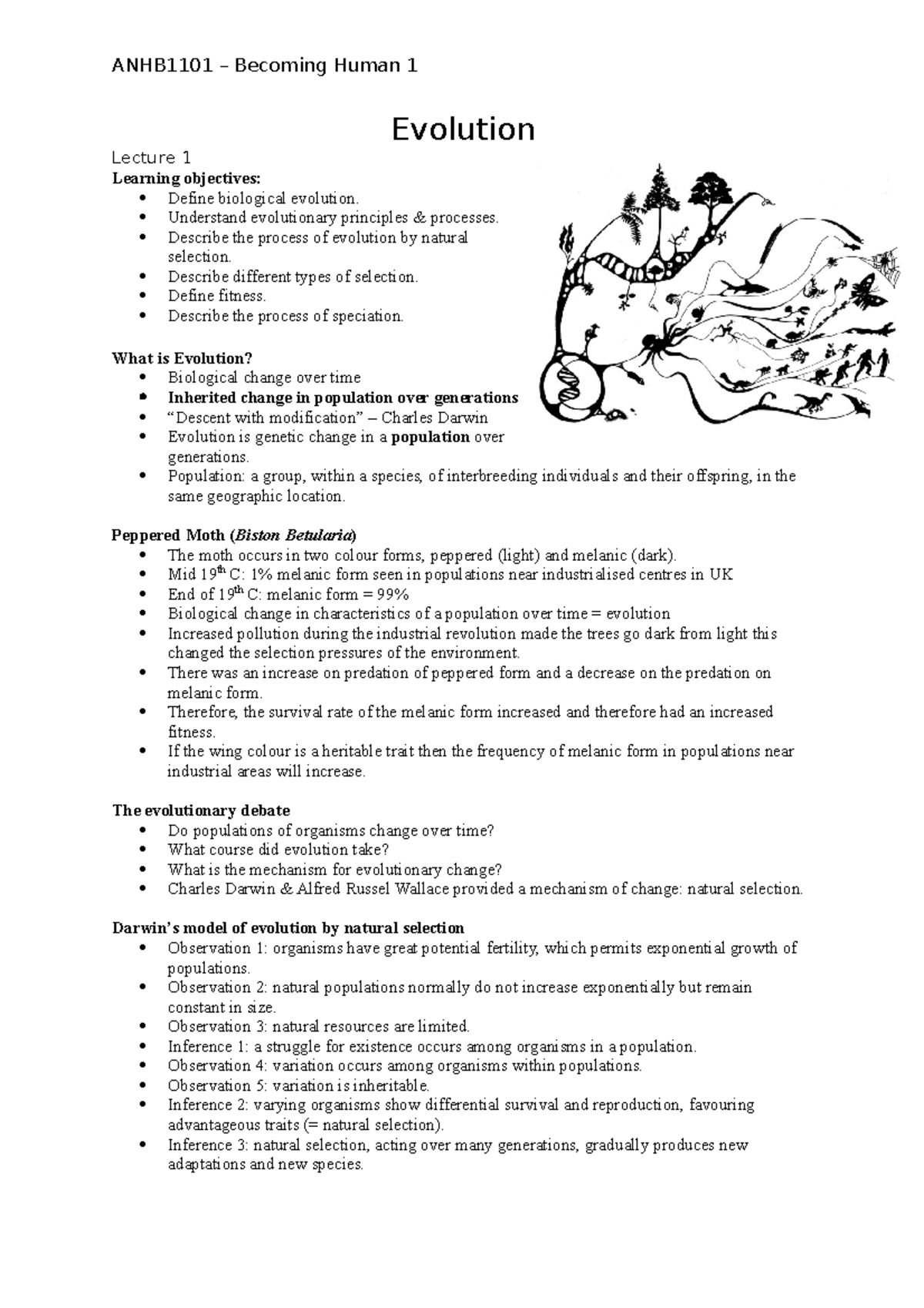 Evolution lecture notes - Evolution Lecture 1 Learning objectives ...