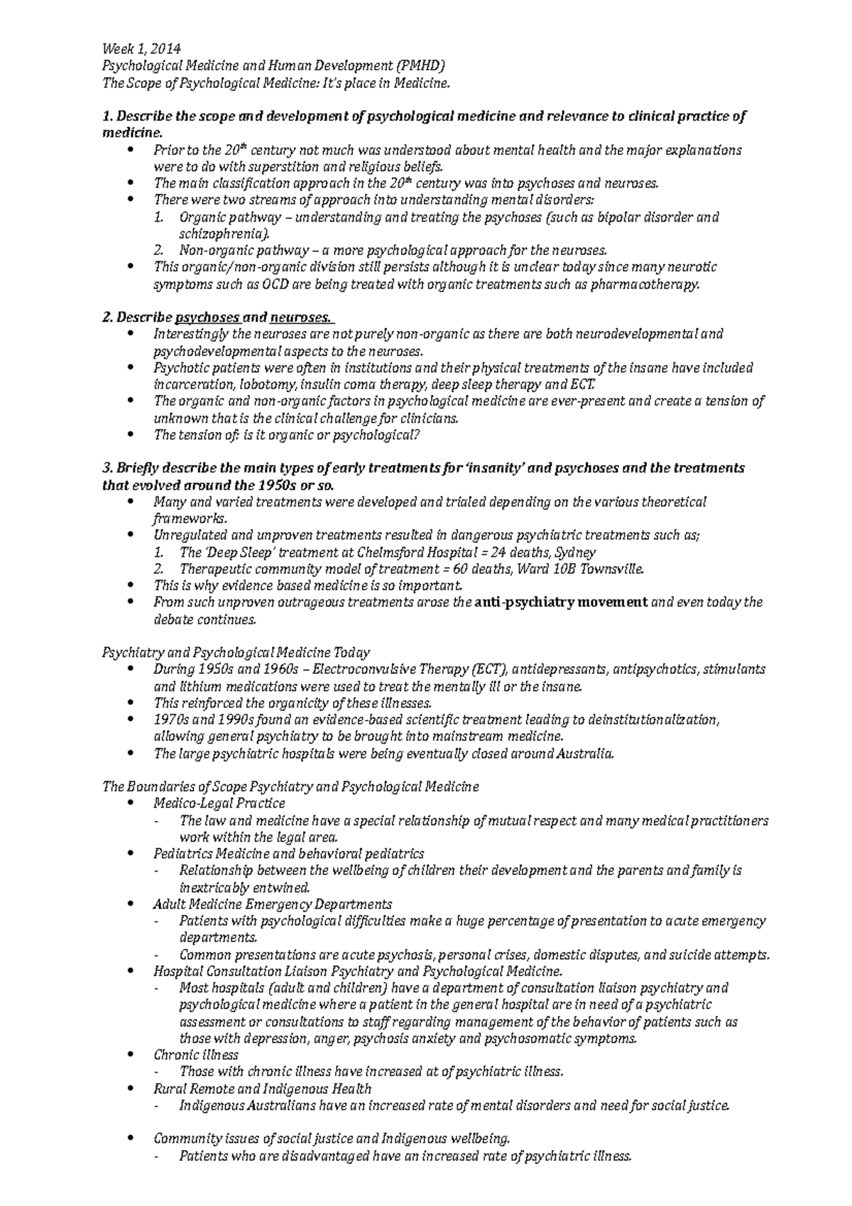 Summary - PMHD lectures 1-10 - Week 1, 2014 Psychological Medicine and ...