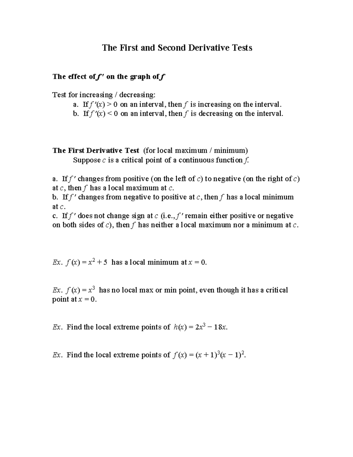 First and Second Derivative Tests summary 2 - The First and Second ...