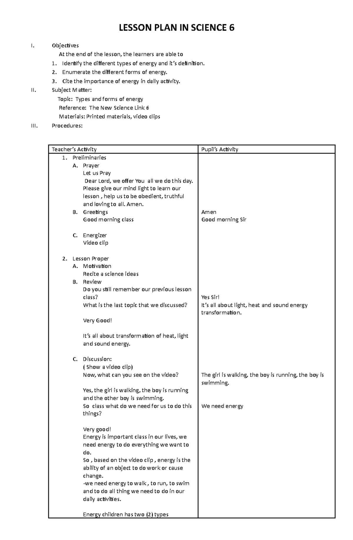 Lesson PLAN IN Science 6 edmar - LESSON PLAN IN SCIENCE 6 I. Objectives ...