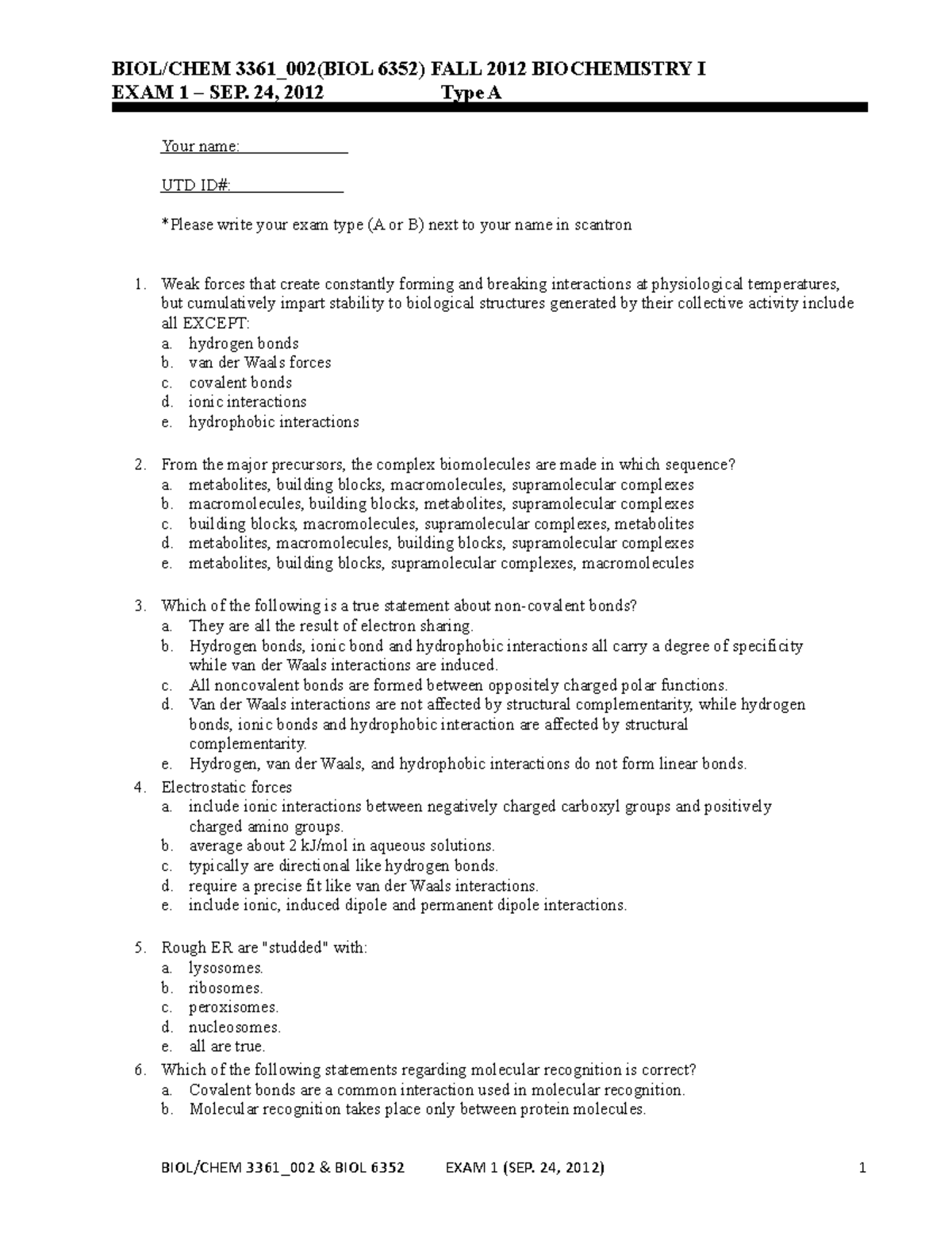 LEE EXAM 1 F2012 Dr. Stefan BIOL/CHEM 3361_002(BIOL 6352) FALL 2012 BIOCHEMISTRY I EXAM 1