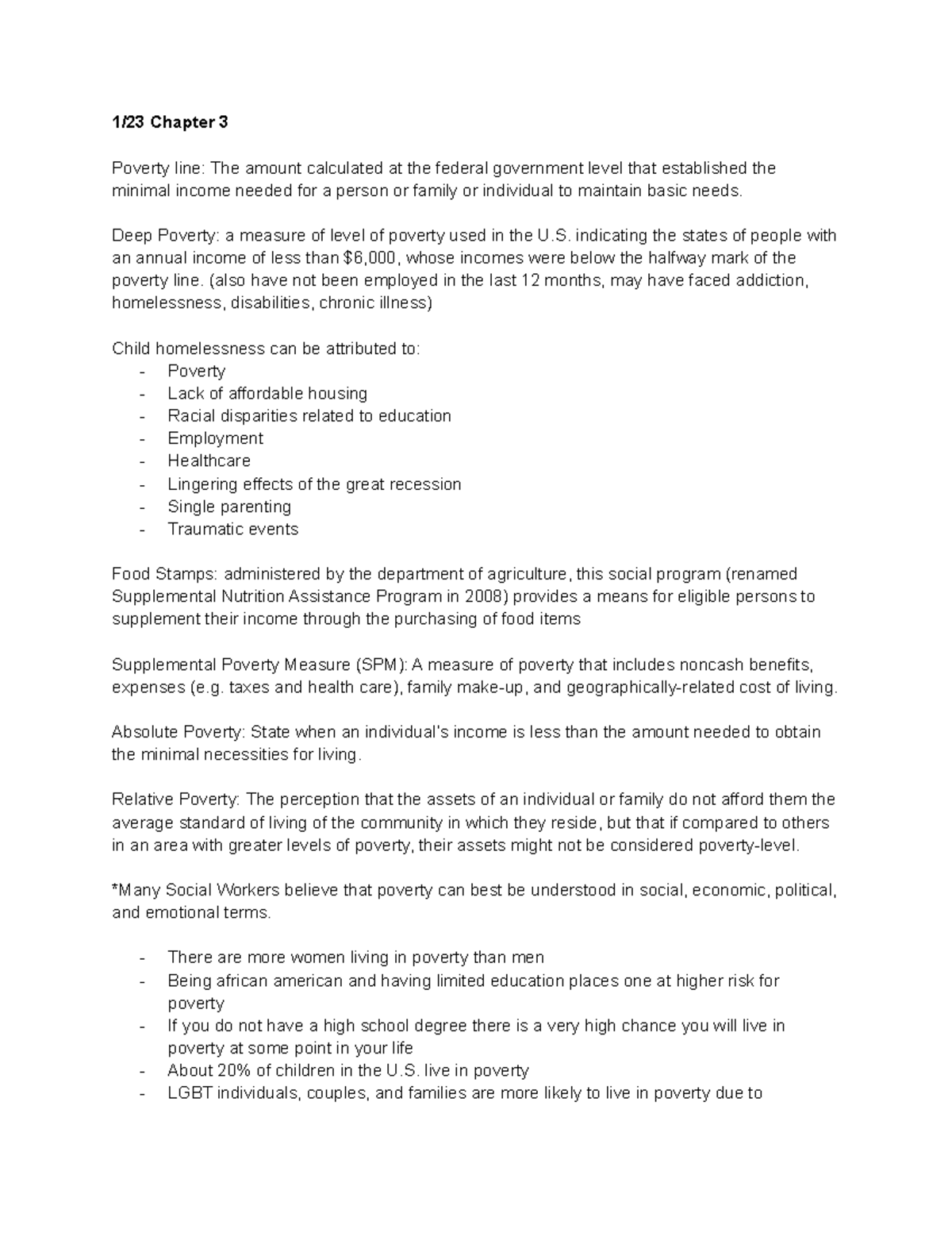 SWRK 1000 book notes - 1/23 Chapter 3 Poverty line: The amount ...