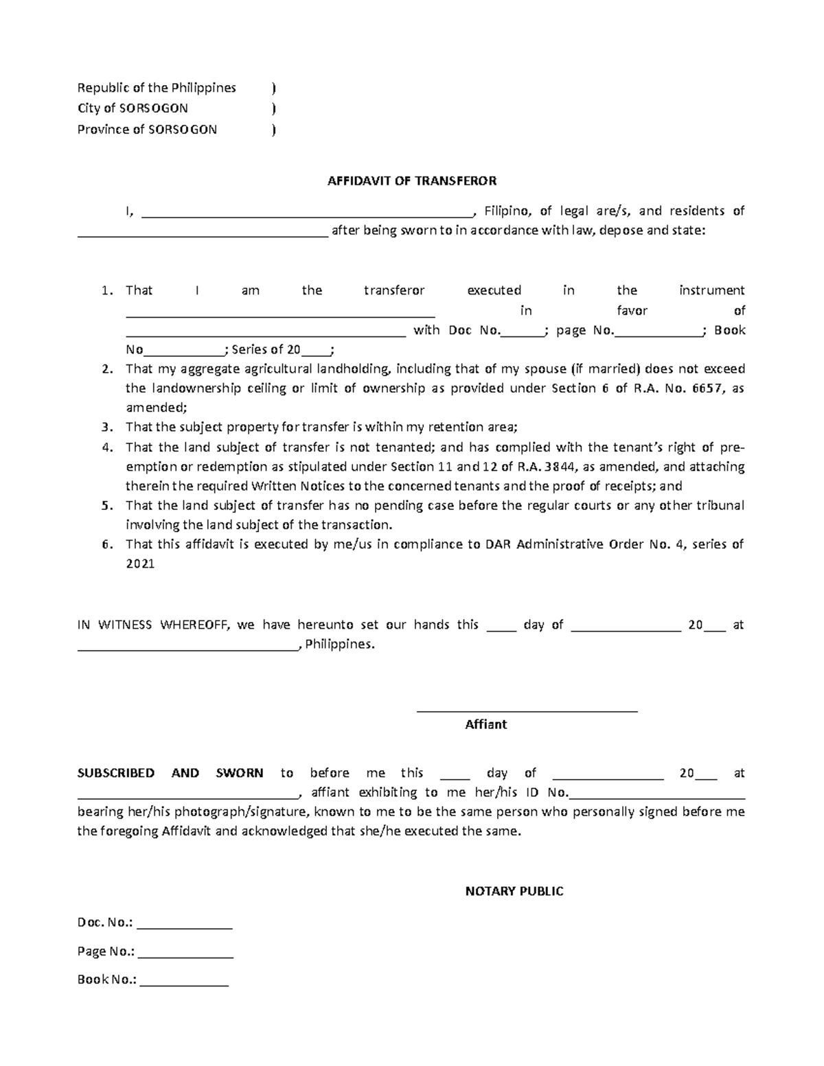 Affidavit Of Transferor-dar - Republic Of The Philippines ) City Of 