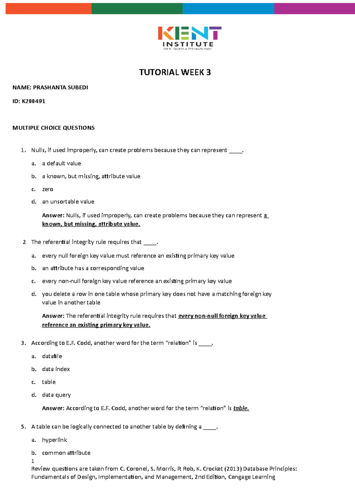Tutorial- Week 3: Database - TUTORIAL WEEK 3 NAME: PRASHANTA SUBEDI ID ...