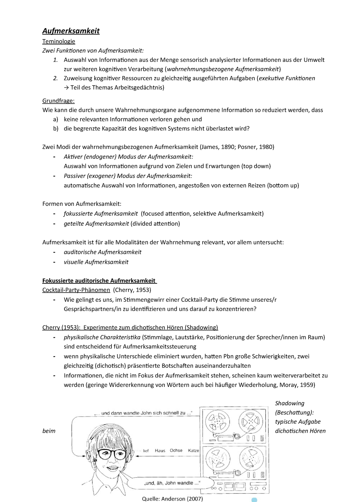 5 Aufmerksamkeit Vorlesungsnotizen 5 Aufmerksamkeit Teminologie Zwei Funktionen Von Aufmerksamkeit Auswahl Von Informationen Aus Der Menge Sensorisch Studocu