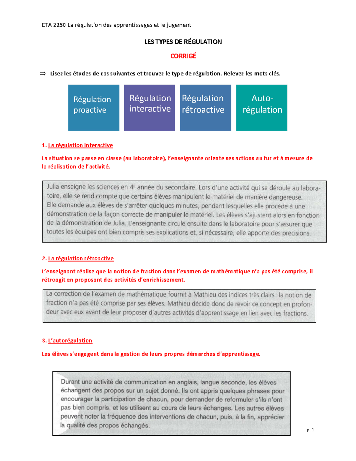 Cours 1 - Notes - ETA 2250 La régulation des apprentissages et le ...