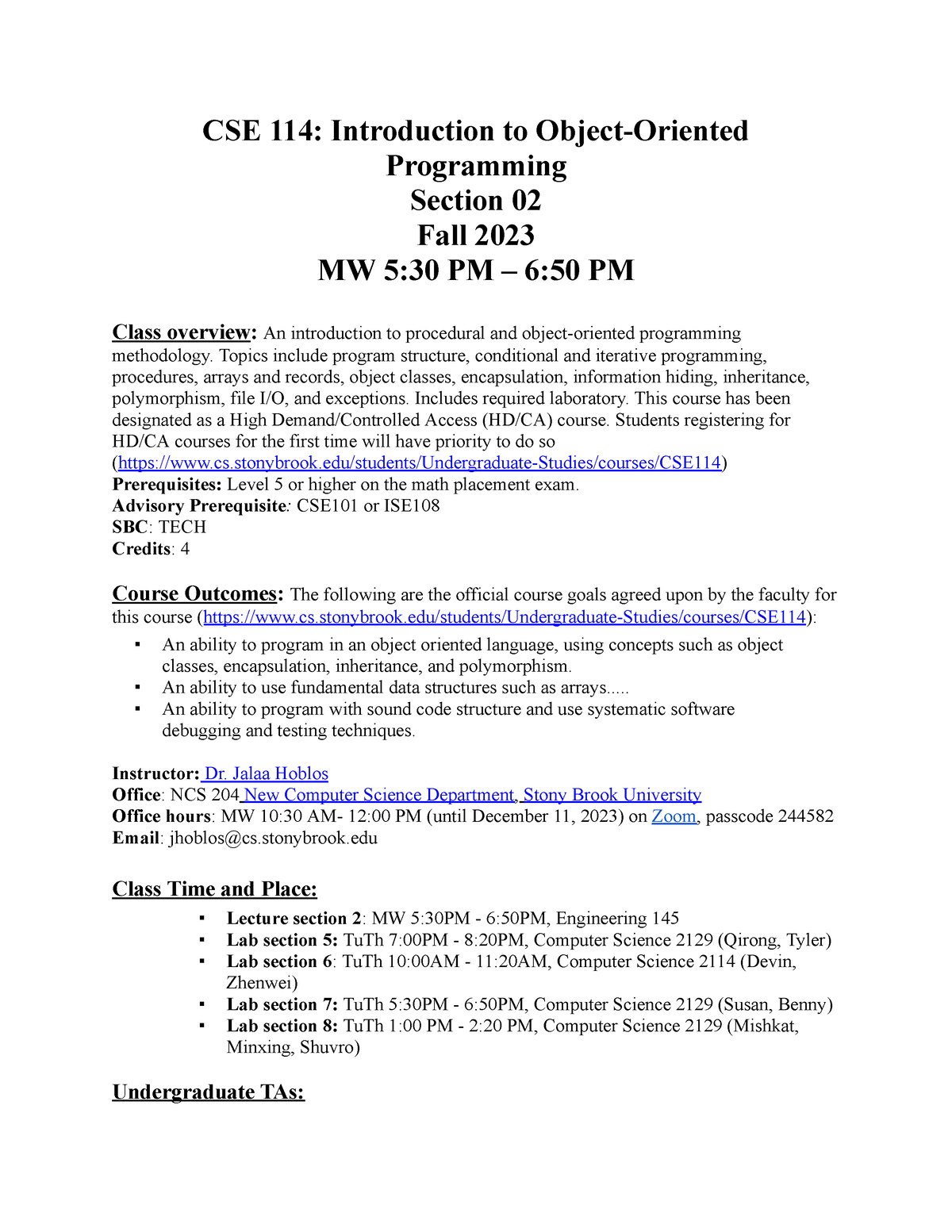 CSE 114 Syllabus Fall2023 - CSE 114: Introduction To Object-Oriented ...