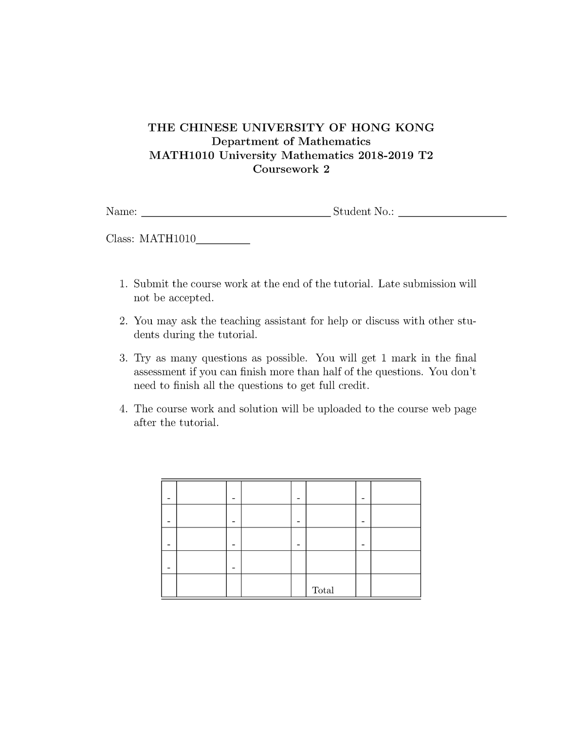 Coursework 2 Solution - THE CHINESE UNIVERSITY OF HONG KONG Department ...