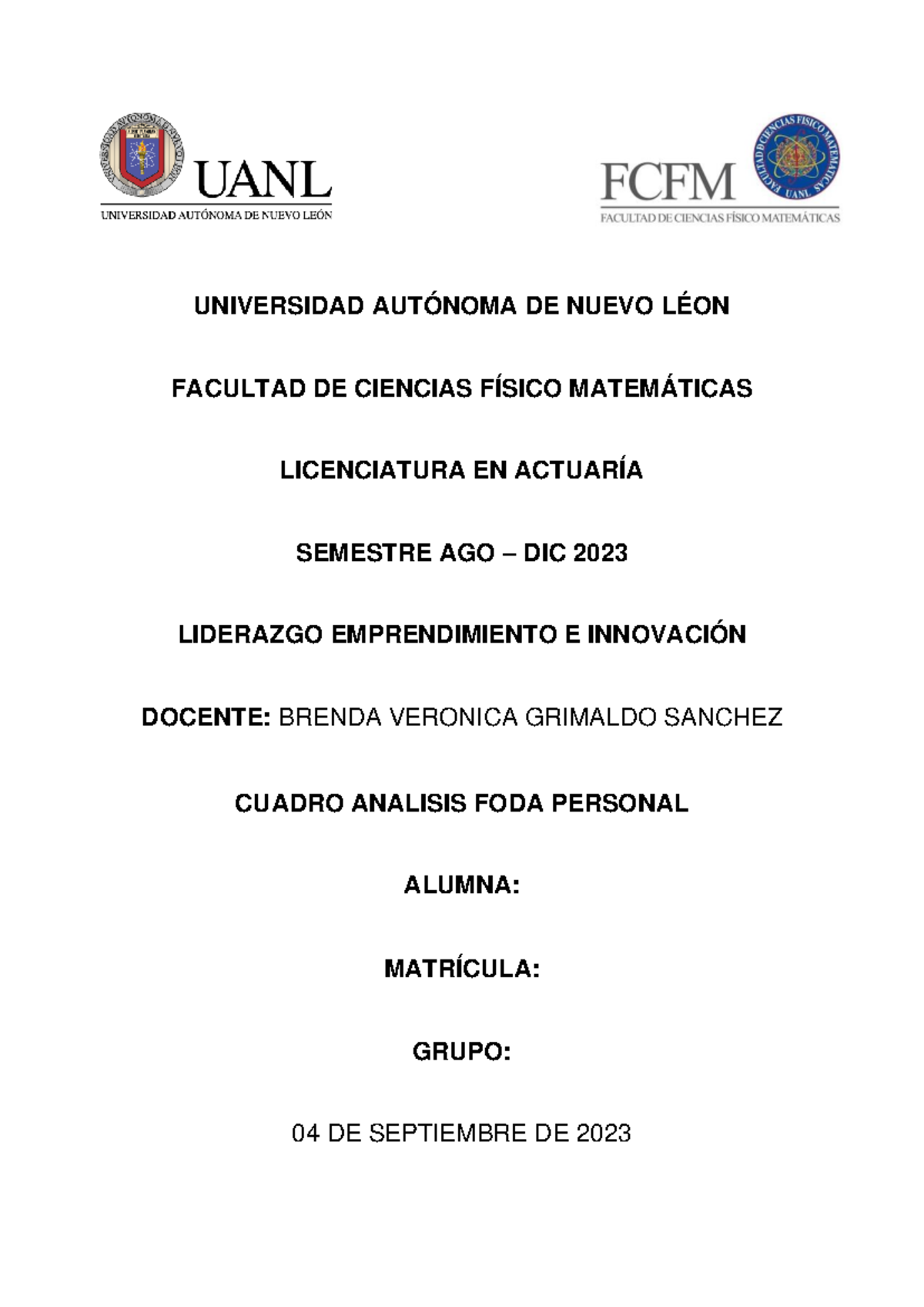 Cuadro Analisis Foda Personal Universidad AutÓnoma De Nuevo LÉon Facultad De Ciencias FÍsico 9333