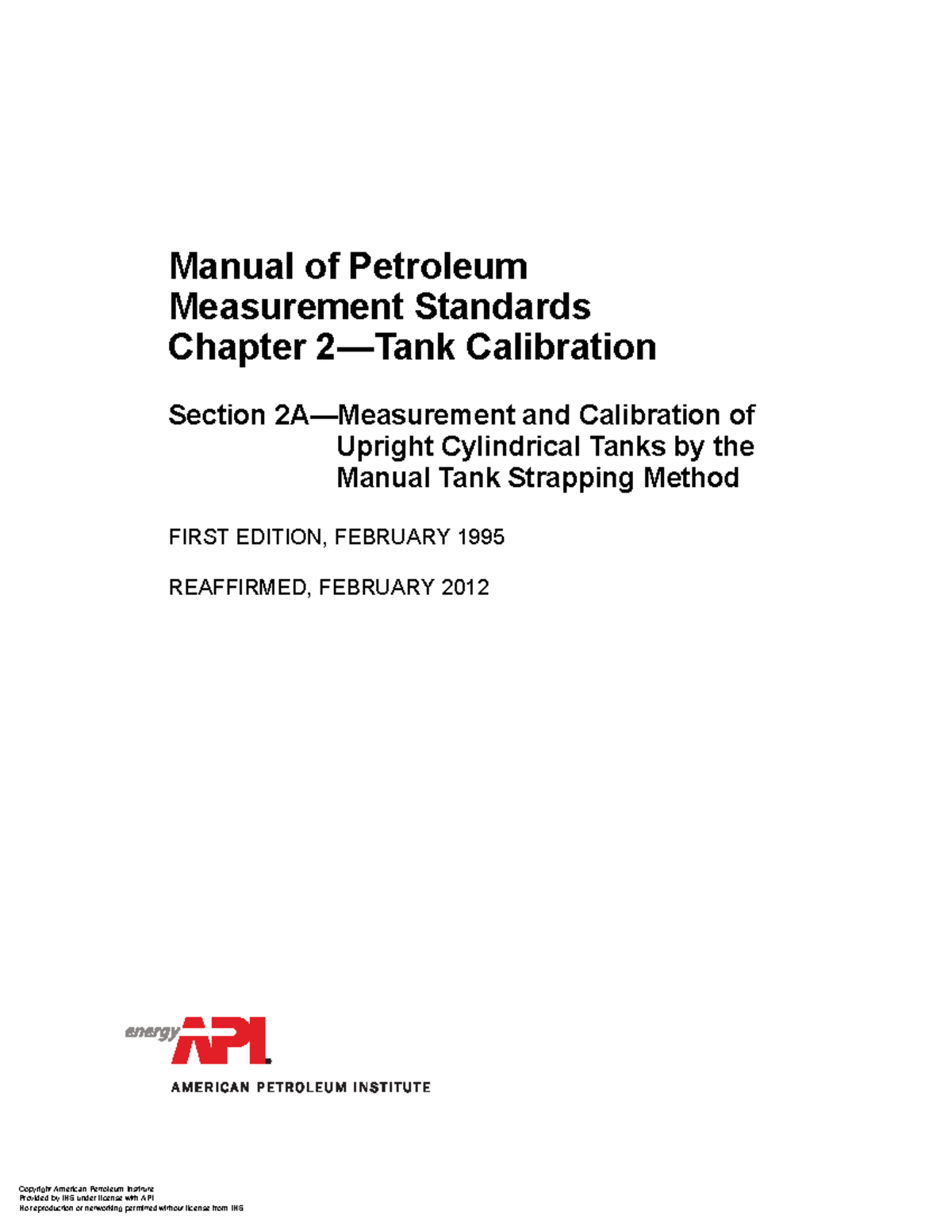 API MPMS 2 2A, 1st Feb 1995 R2012 - Manual of Petroleum Measurement ...