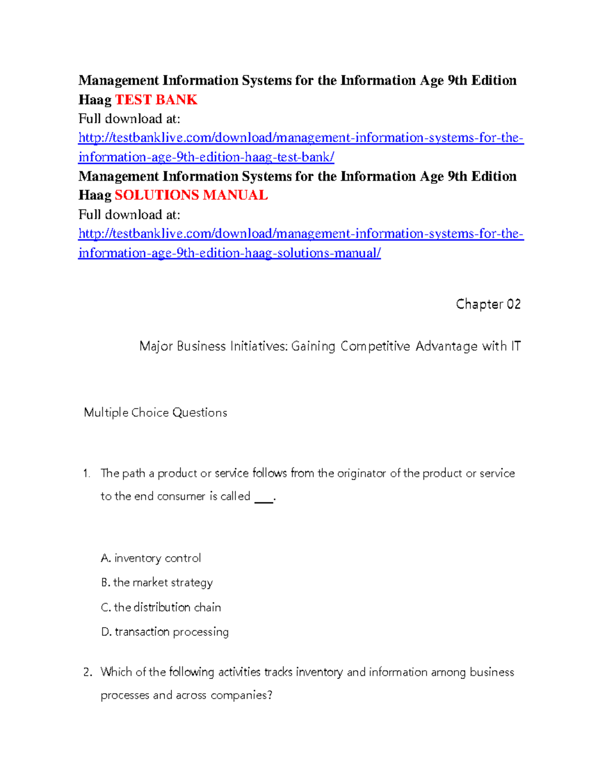 QUIZ 2 2017, questions and answers - Management Information Systems for ...