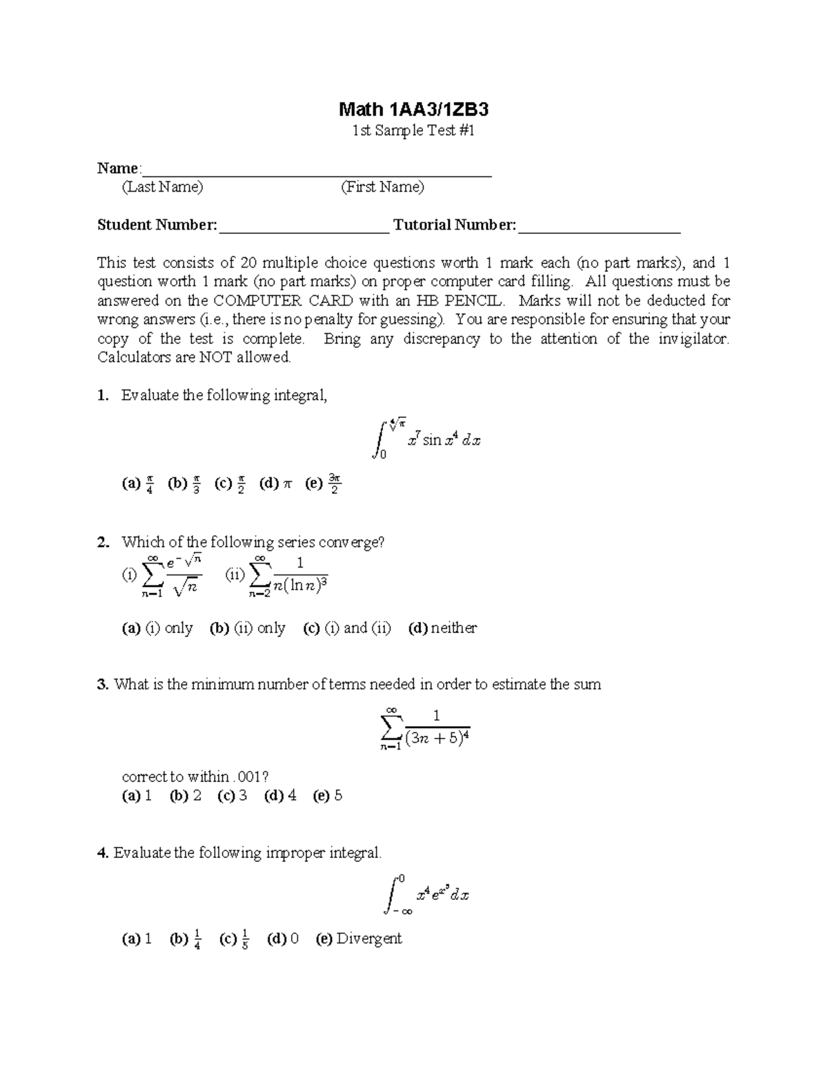 2 Test1 examples - Math 1AA3/1ZB 1st Sample Test Name