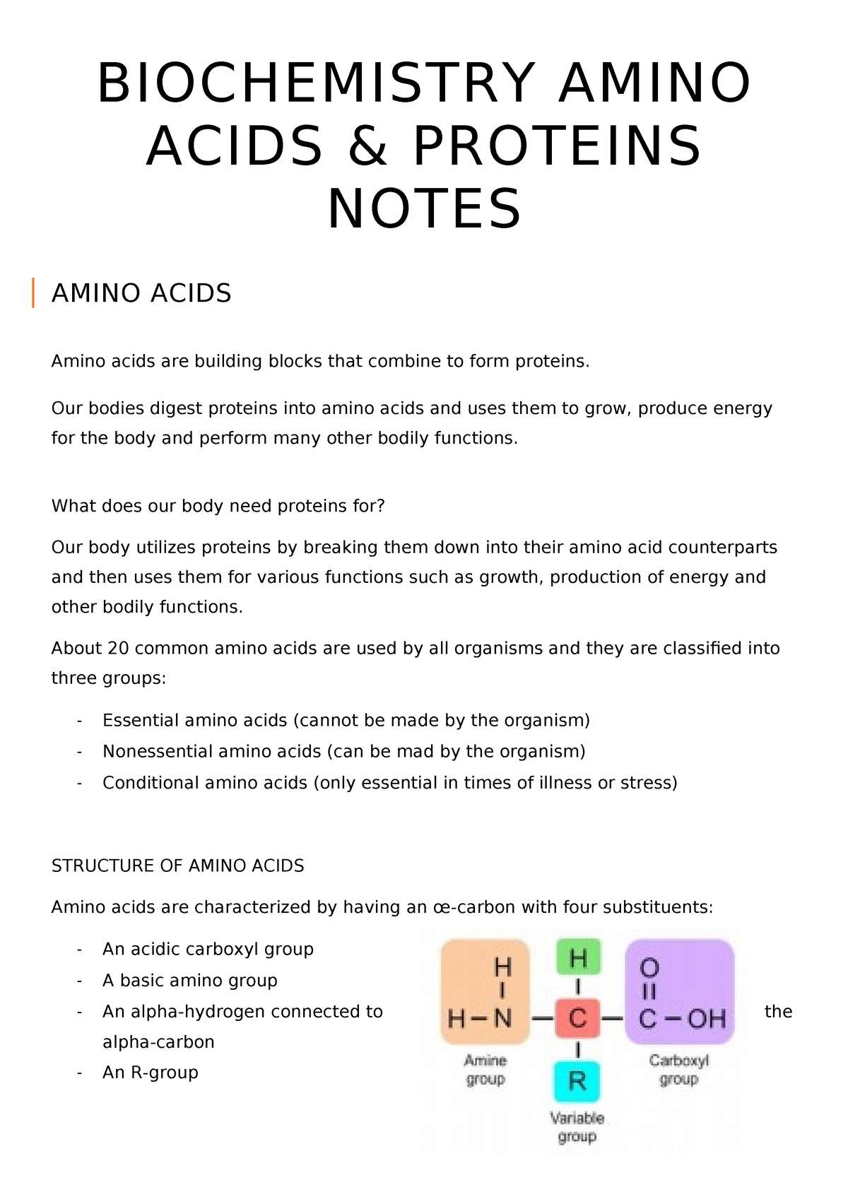 Biochemistry Amino Acids Notes - BIOCHEMISTRY AMINO ACIDS & PROTEINS ...