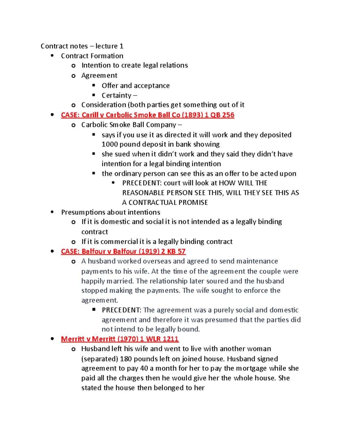 contract formation - Contract notes – lecture 1 Contract Formation o ...
