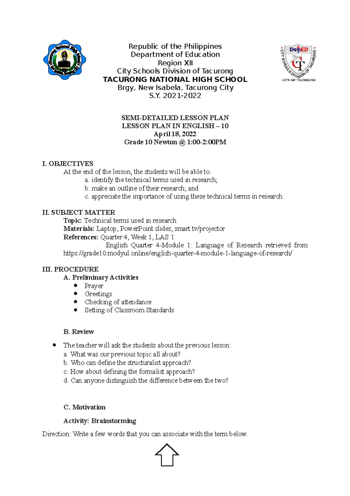 Q4, Week 1 , LAS 1 Basic Research Terms - Republic of the Philippines ...