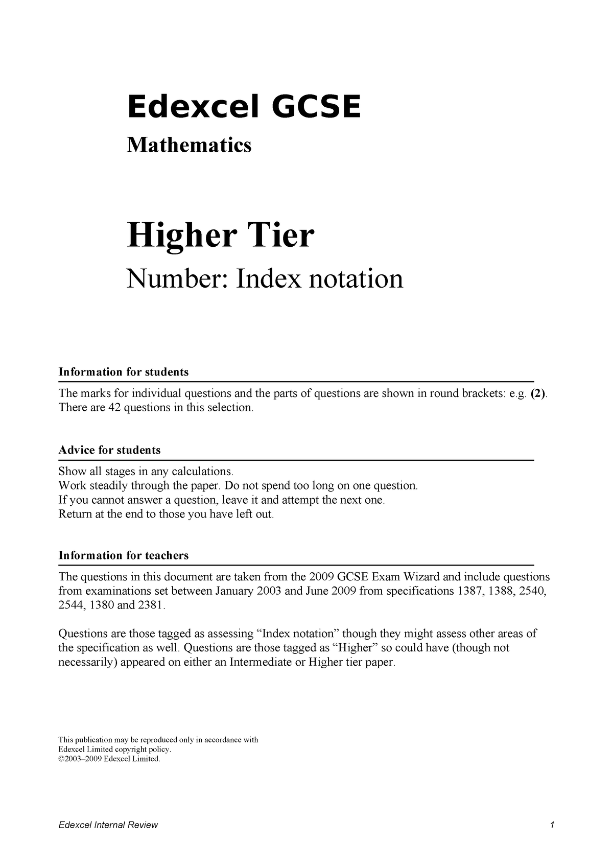 Algebra and indices maths questions (Auto Recovered) - Edexcel GCSE ...