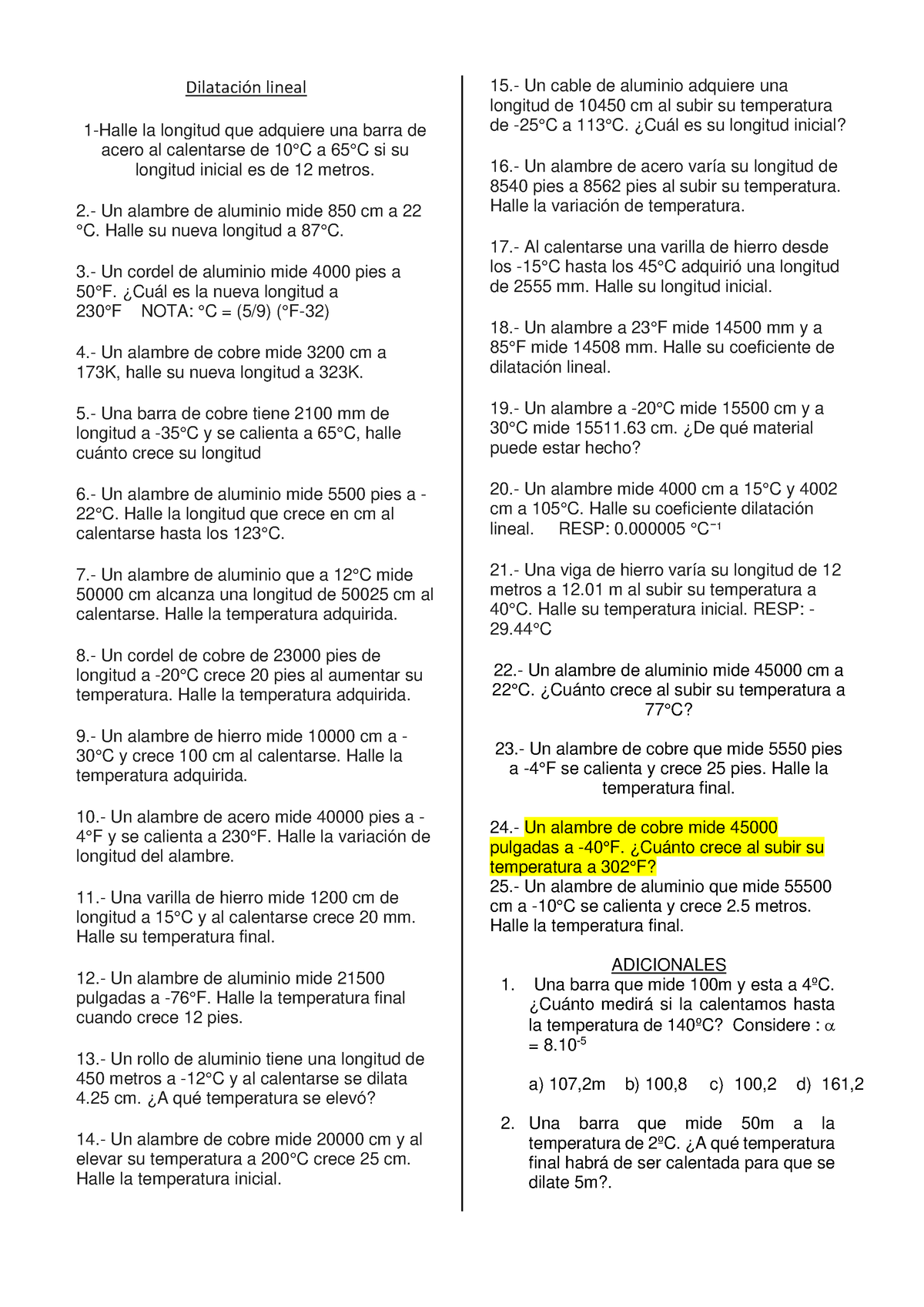 Ejercicios Sobre Dilatacion Lineal - DilataciÛn Lineal 1-Halle La ...